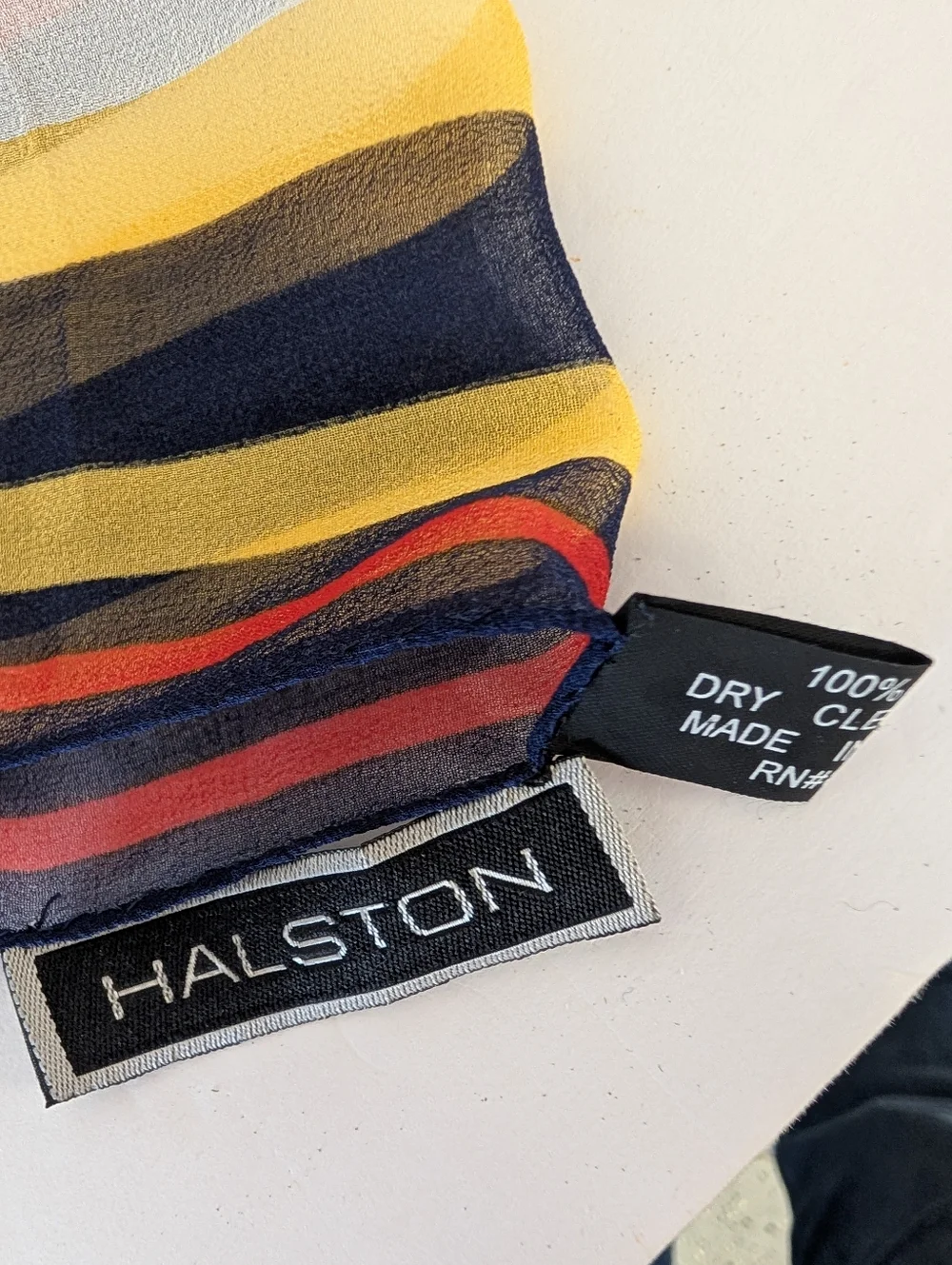 Vintage Halston Striped Silk Scarf in Navy, Yellow & Red. Oblong 48 Inches 1980